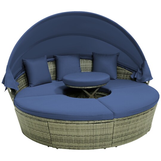 Mix Grey Navy Round Outdoor Daybed Set with Retractable Canopy, Half-Moon Rattan Sectional Sofa with Cushions and Table for Patio Garden Backyard